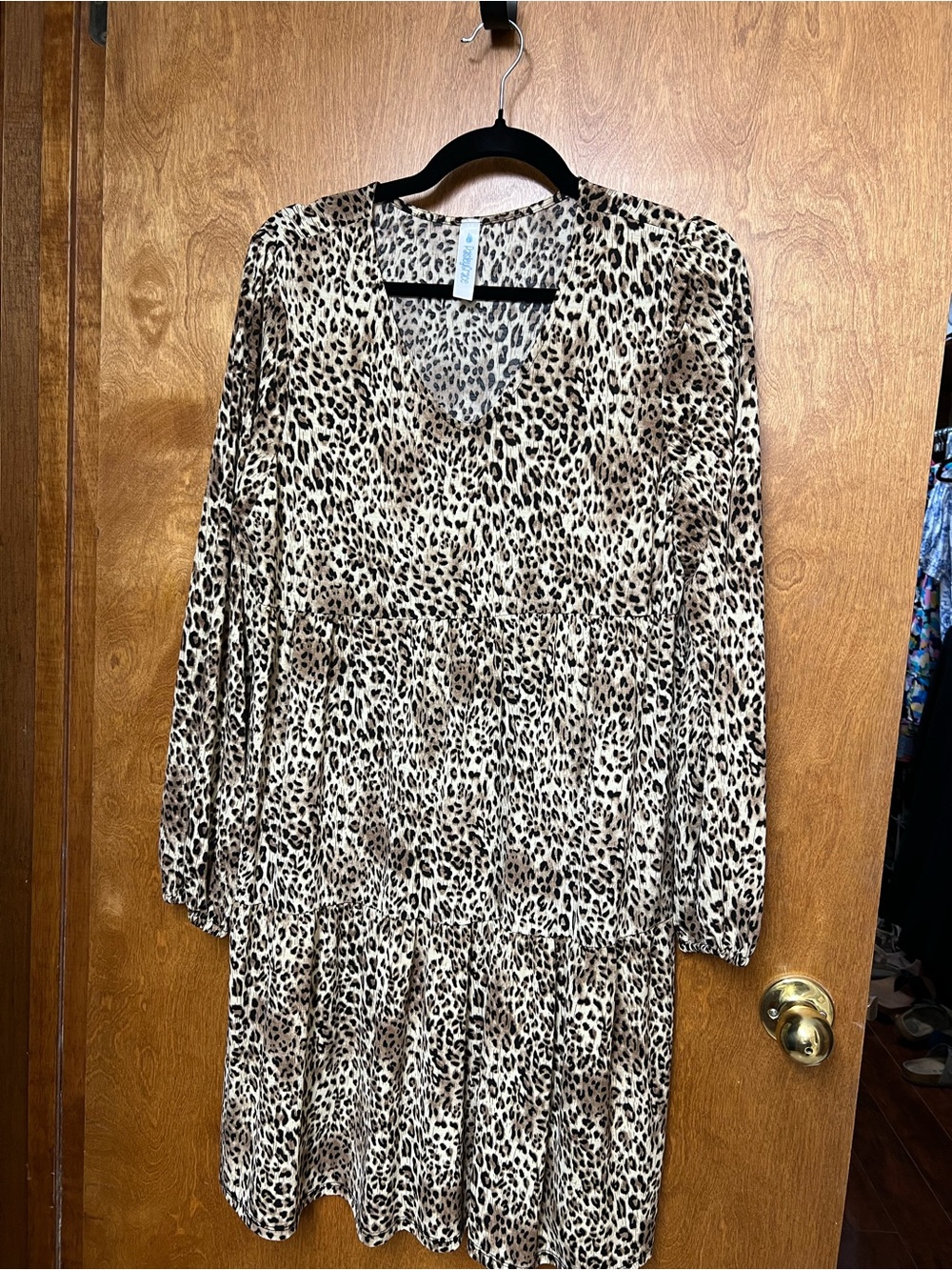 Leopard Print V-Neck Tiered Women’s Dress - Beige/Black